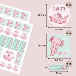 Namensaufkleber mit Axolotl Motiv und Name personalisiert | 84 Sticker für Kindergarten, Kita & Schule