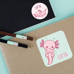 Namensaufkleber mit Axolotl Motiv und Name personalisiert | 84 Sticker für Kindergarten, Kita & Schule