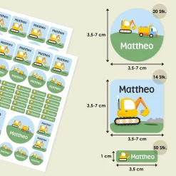 Namensaufkleber mit Bagger Motiv und Name personalisiert | 84 Sticker für Kindergarten, Kita & Schule