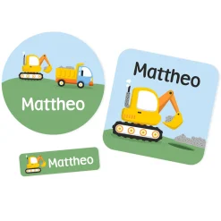 Namensaufkleber mit Bagger Motiv und Name personalisiert | 84 Sticker für Kindergarten, Kita & Schule