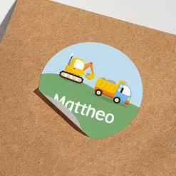 Namensaufkleber mit Bagger Motiv und Name personalisiert | 84 Sticker für Kindergarten, Kita & Schule