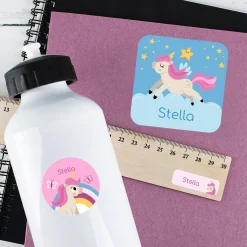 Namensaufkleber mit Einhorn Motiv und Name personalisiert | 84 Sticker für Kindergarten, Kita & Schule