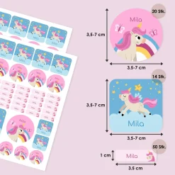 Namensaufkleber mit Einhorn Motiv und Name personalisiert | 84 Sticker für Kindergarten, Kita & Schule
