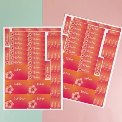 Namensaufkleber mit Hibiskus Blume und Name personalisiert | 100 Aufkleber für Mädchen & Schule
