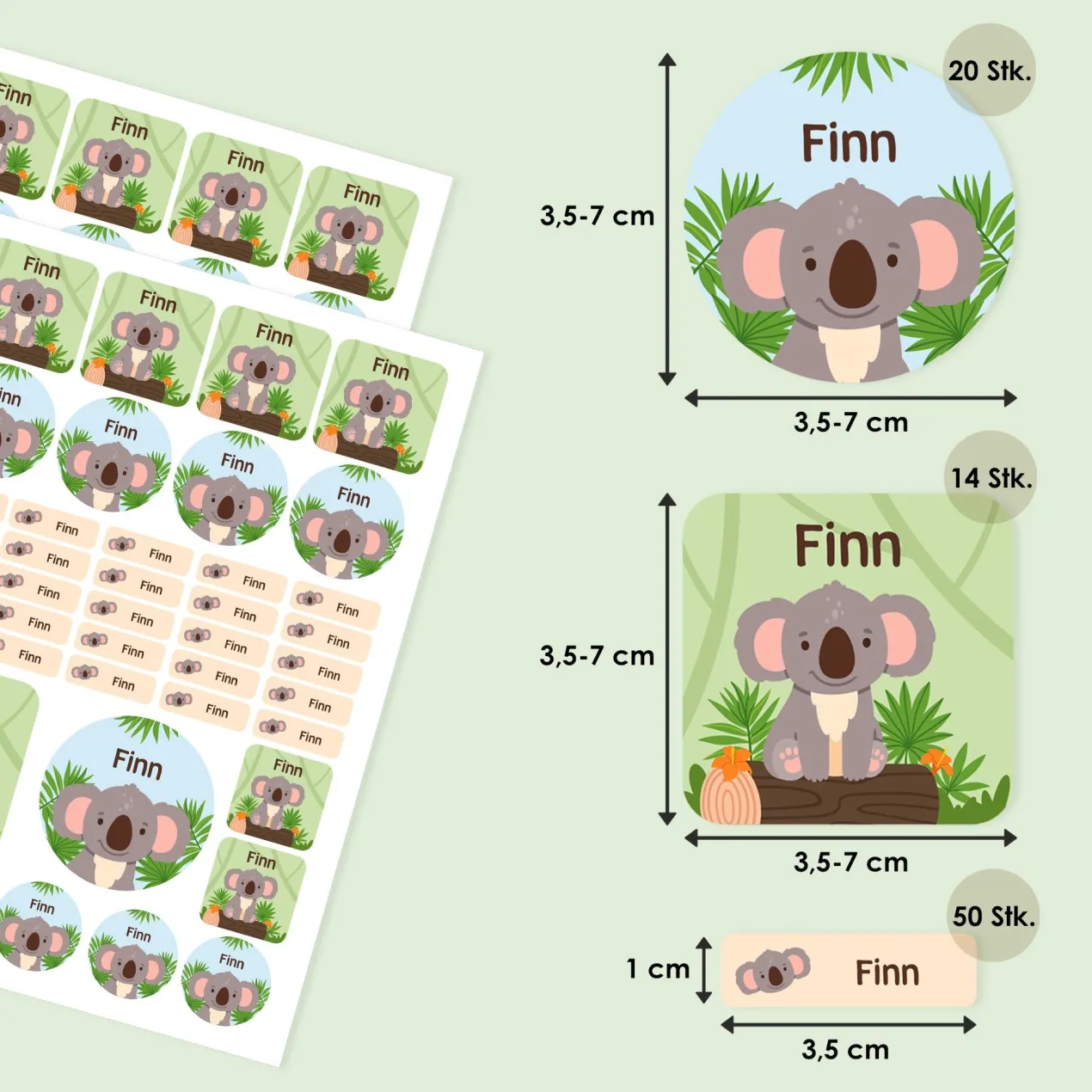 Namensaufkleber mit Koala Motiv und Name personalisiert | 84 Sticker für Kindergarten, Kita & Schule