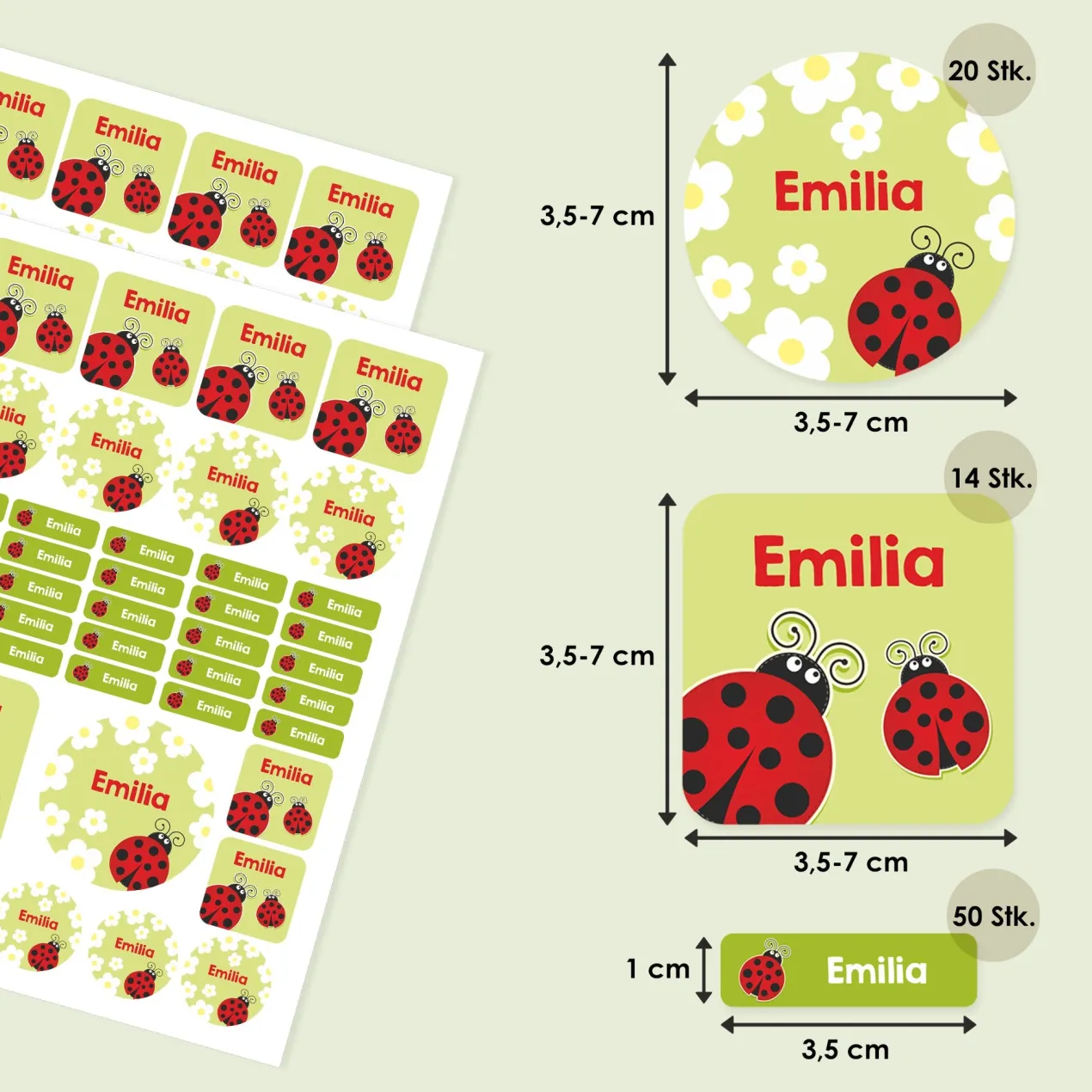 Namensaufkleber mit Marienkäfer Motiv und Name personalisiert | 84 Sticker für Kindergarten & Schule