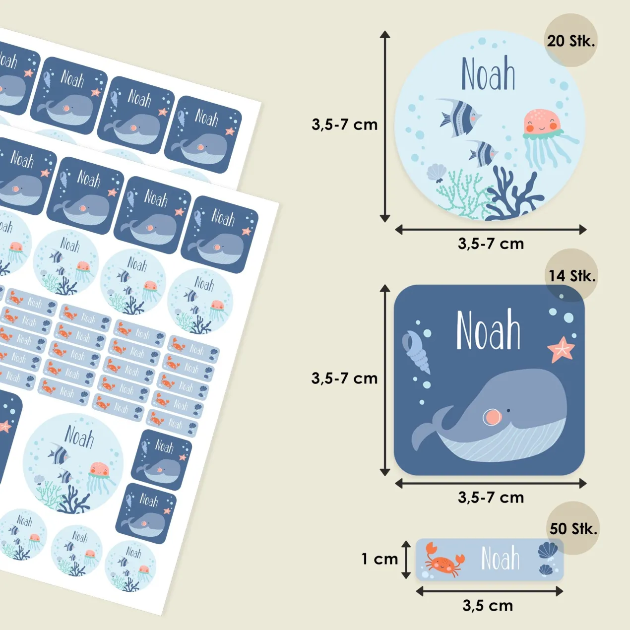 Namensaufkleber mit Meer Motiv und Name personalisiert | 84 Sticker für Kindergarten, Kita & Schule