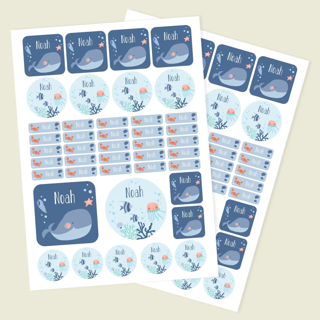 Namensaufkleber mit Meer Motiv und Name personalisiert | 84 Sticker für Kindergarten, Kita & Schule