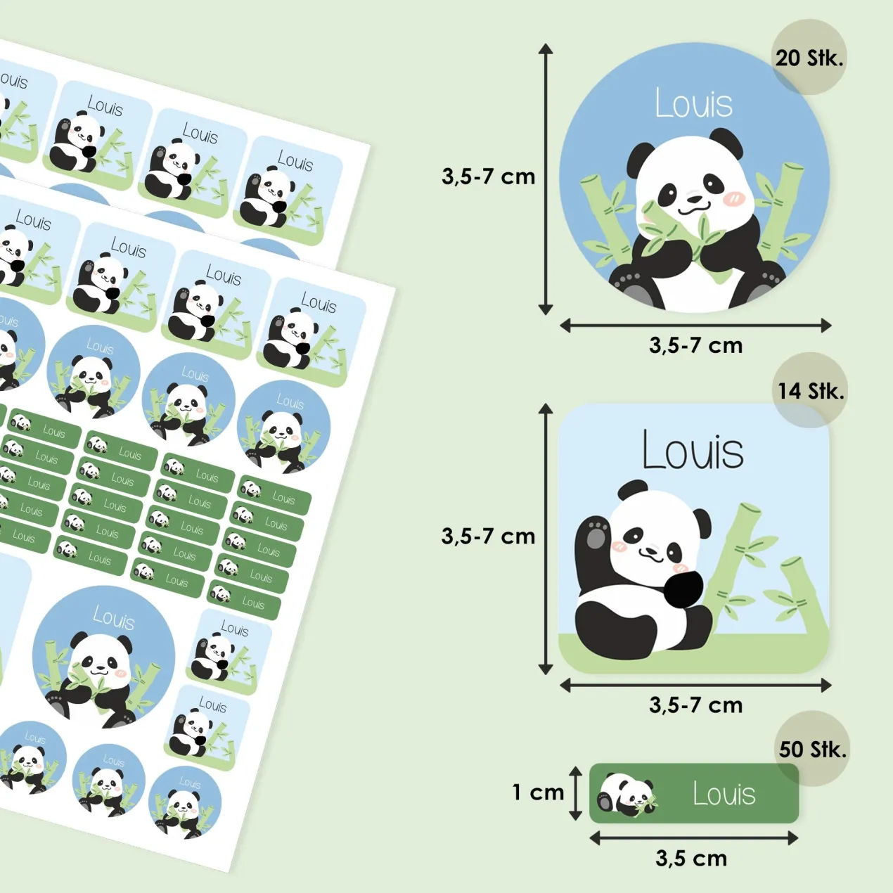 Namensaufkleber mit Panda Motiv und Name personalisiert | 84 Sticker für Kindergarten, Kita & Schule