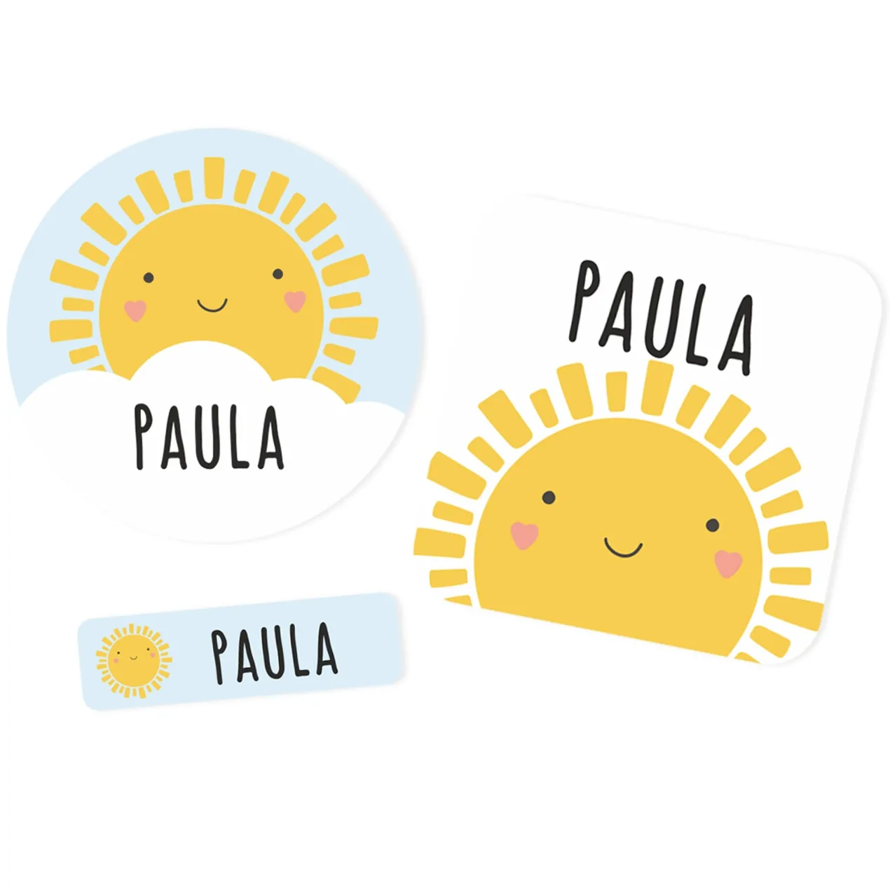 Namensaufkleber mit Sonne Motiv und Name personalisiert | 84 Sticker für Kindergarten, Kita & Schule