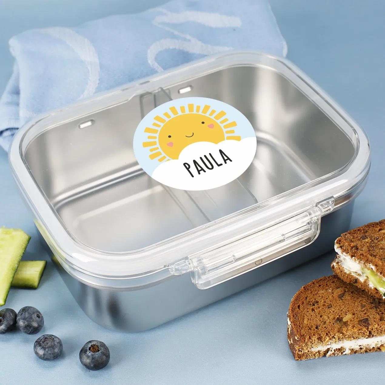 Namensaufkleber mit Sonne Motiv und Name personalisiert | 84 Sticker für Kindergarten, Kita & Schule