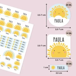 Namensaufkleber mit Sonne Motiv und Name personalisiert | 84 Sticker für Kindergarten, Kita & Schule