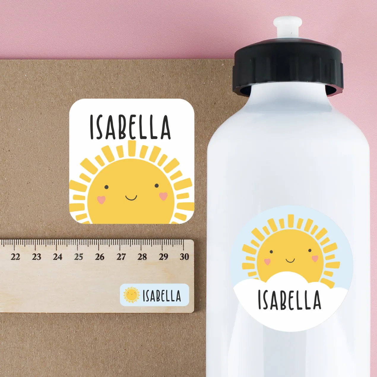 Namensaufkleber mit Sonne Motiv und Name personalisiert | 84 Sticker für Kindergarten, Kita & Schule
