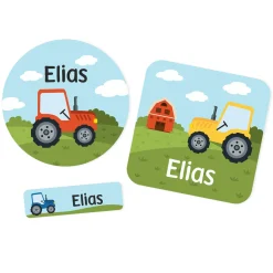 Namensaufkleber mit Traktor Motiv und Name personalisiert | 84 Sticker für Kindergarten, Kita & Schule