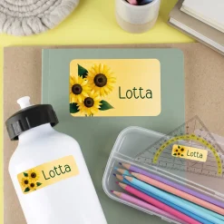 Namensaufkleber 'Sonnenblumen' | 100 Stück Schulaufkleber Etiketten personalisiert mit Name