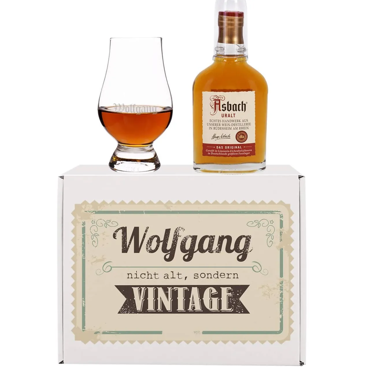 Nicht alt, sondern Vintage - Asbach Uralt Geschenkset mit graviertem Glas