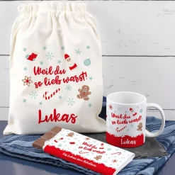 Nikolaus Geschenkset - Weil du so lieb warst - mit Tasse, Schokolade und Baumwollsack