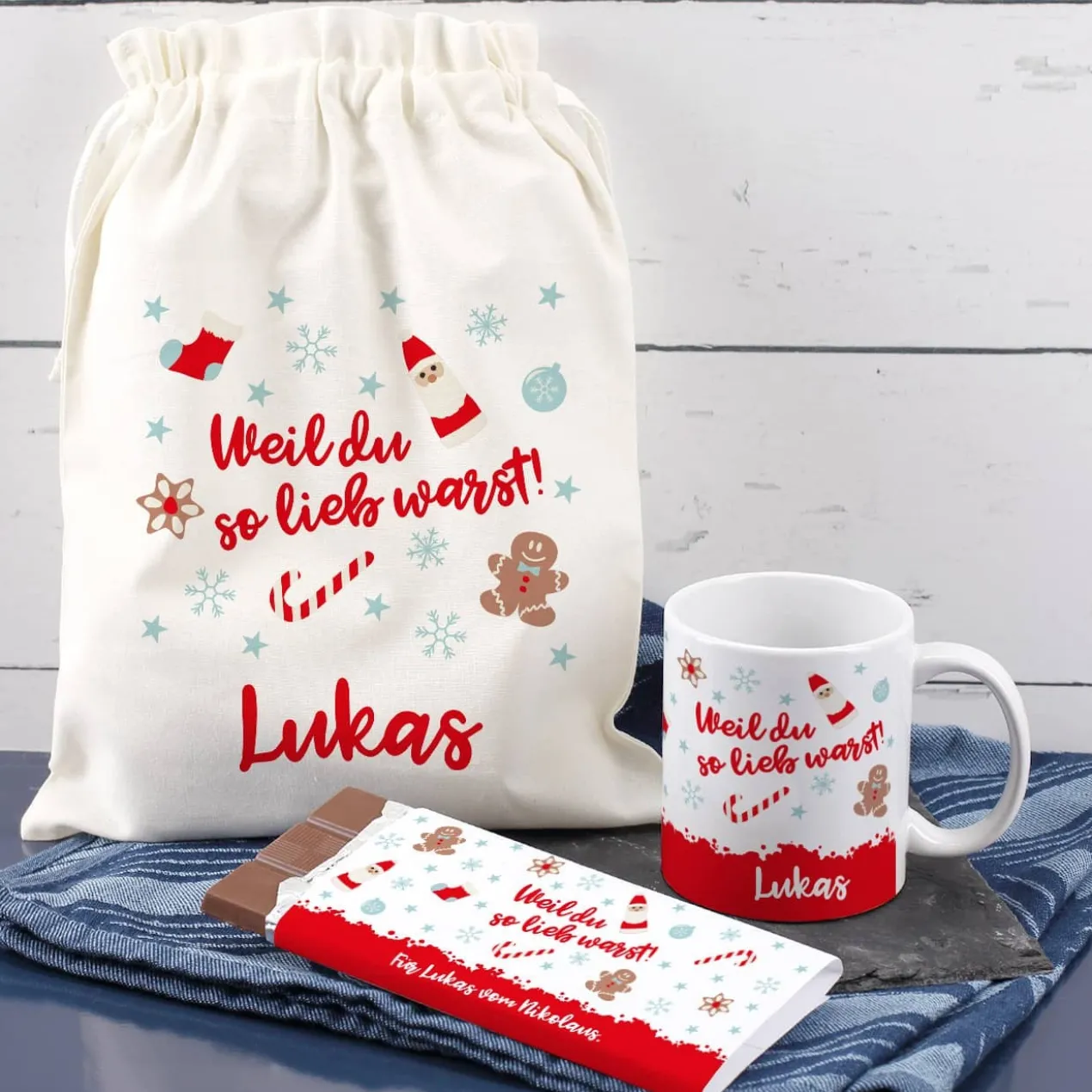 Nikolaus Geschenkset - Weil du so lieb warst - mit Tasse, Schokolade und Baumwollsack