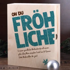Oh du fröhliche... Weinset zum Fest - 2 gravierte Gläser, 1 Weinflasche in bedruckter Holzbox