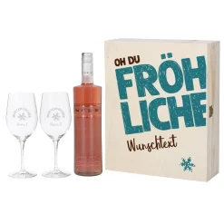 Oh du fröhliche... Weinset zum Fest - 2 gravierte Gläser, 1 Weinflasche in bedruckter Holzbox