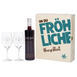 Oh du fröhliche... Weinset zum Fest - 2 gravierte Gläser, 1 Weinflasche in bedruckter Holzbox