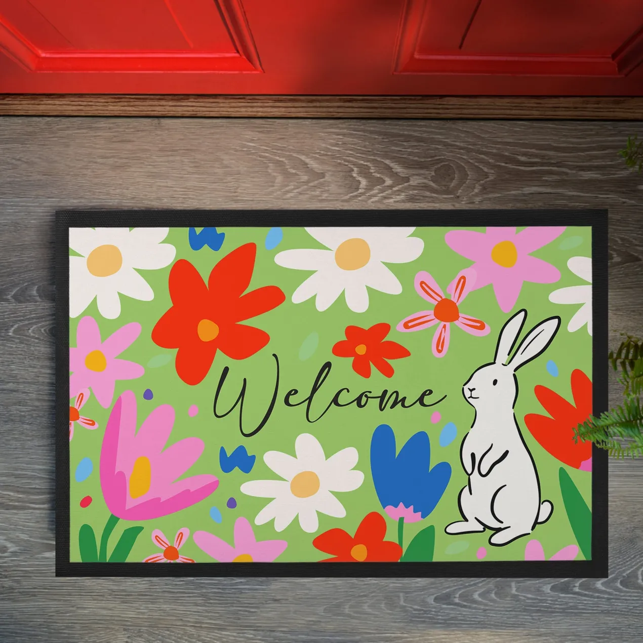 Oster Fußmatte mit Blumen & Hase - Welcome Türmatte für Frühling und Ostern | 2 Größen wählbar