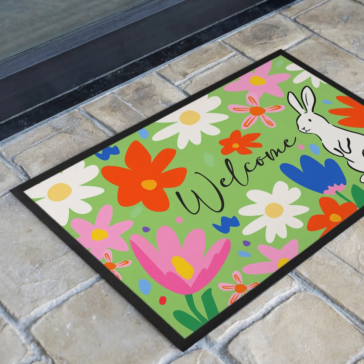 Oster Fußmatte mit Blumen & Hase - Welcome Türmatte für Frühling und Ostern | 2 Größen wählbar
