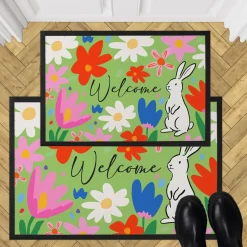 Oster Fußmatte mit Blumen & Hase - Welcome Türmatte für Frühling und Ostern | 2 Größen wählbar