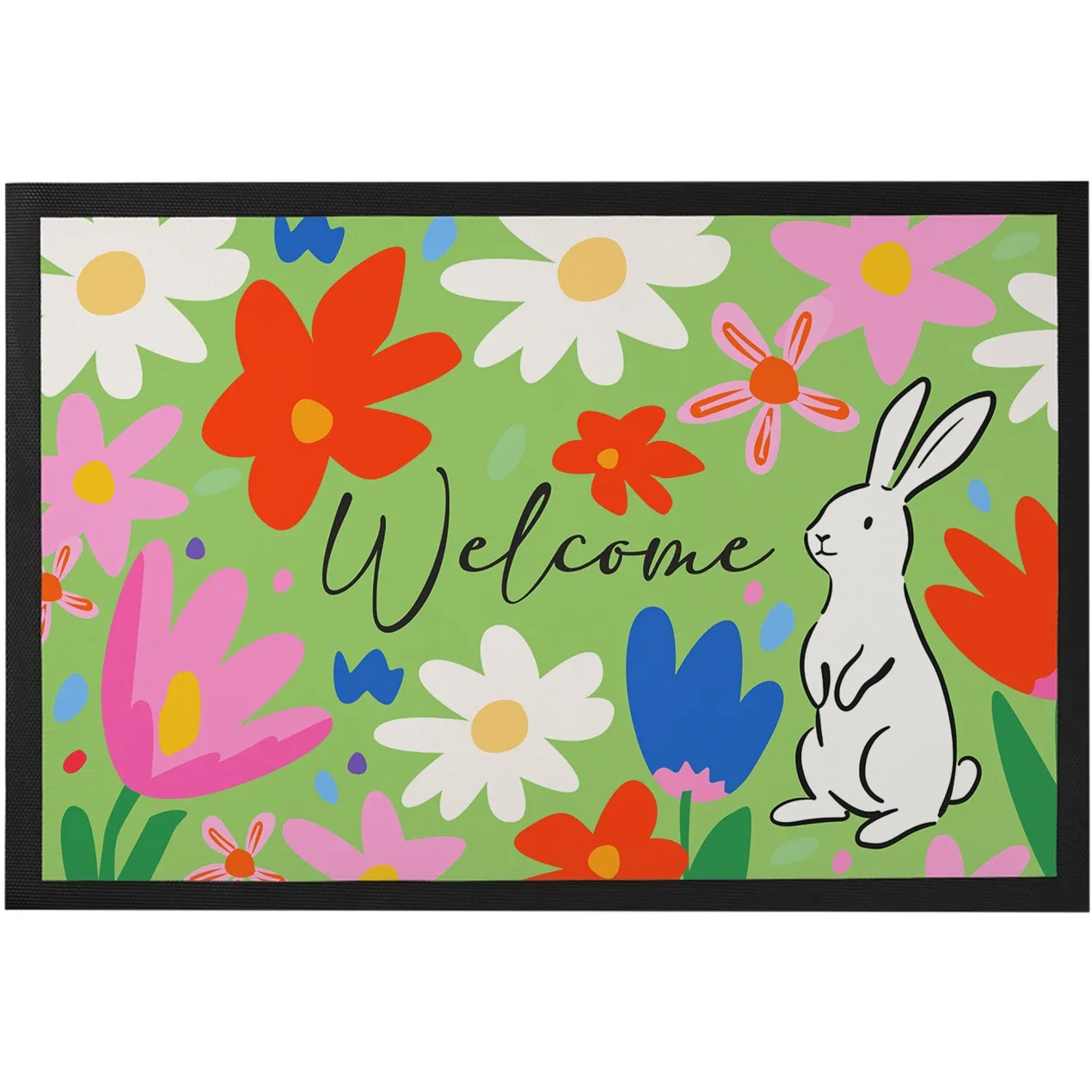 Oster Fußmatte mit Blumen & Hase - Welcome Türmatte für Frühling und Ostern | 2 Größen wählbar