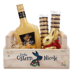 Oster-Geschenkset im Holzkorb mit Eckes Eierlikör, Lindt Goldhase und Waffelbechern
