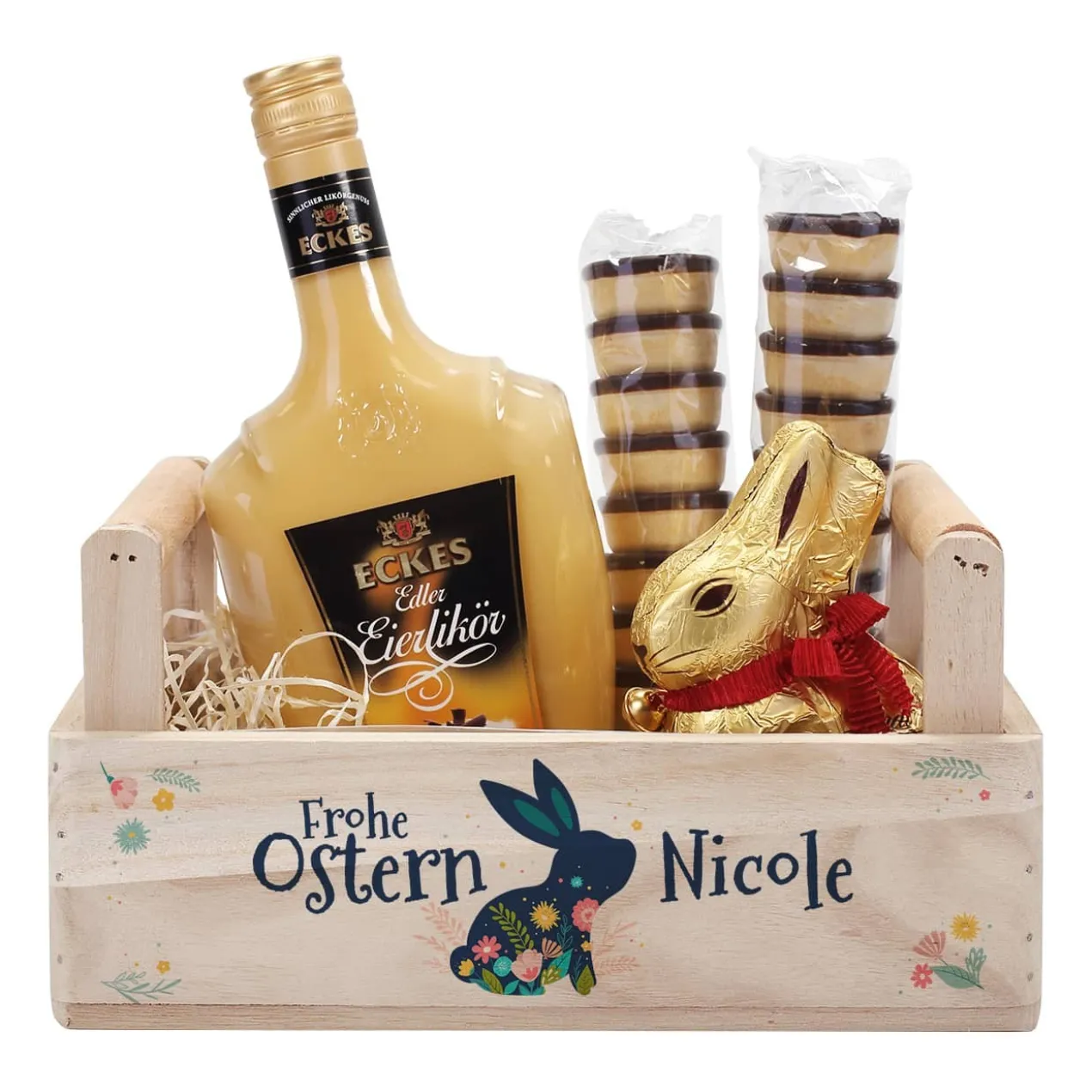 Oster-Geschenkset im Holzkorb mit Eckes Eierlikör, Lindt Goldhase und Waffelbechern