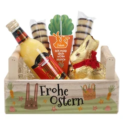 Oster Geschenkset im Holzkorb 'Frohe Ostern' mit personalisierter Möhre, Eierlikör & Lindt Schokolade