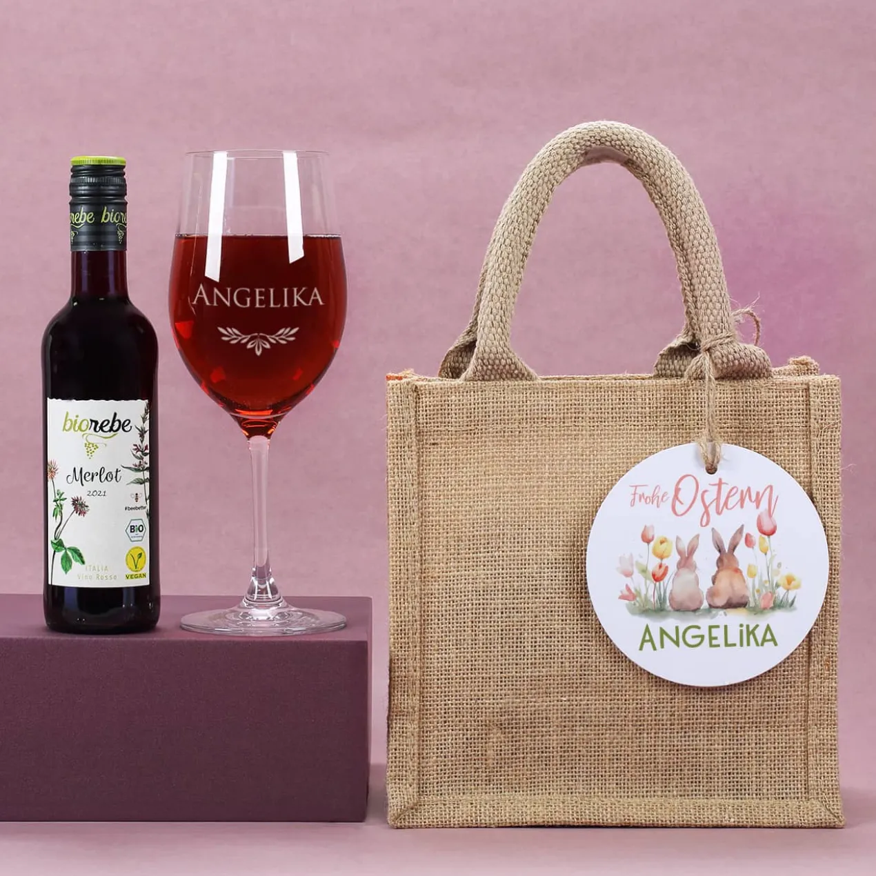 Ostergeschenkset mit Biorebe Weiß- oder Rotwein und graviertem Glas