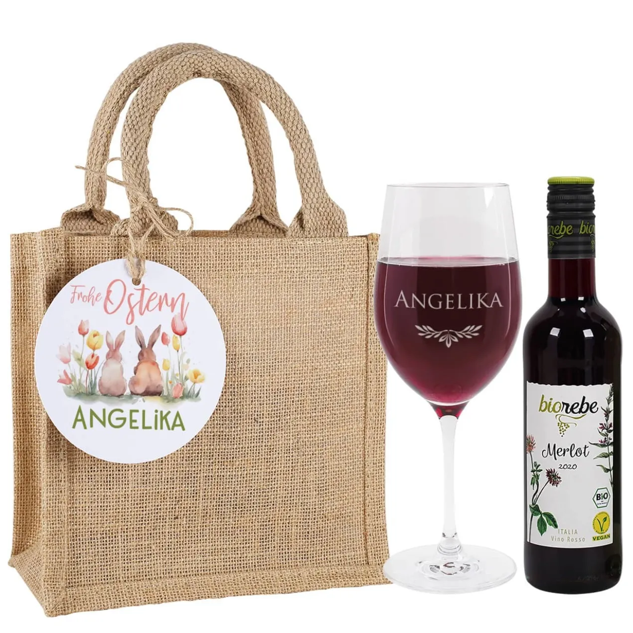 Ostergeschenkset mit Biorebe Weiß- oder Rotwein und graviertem Glas