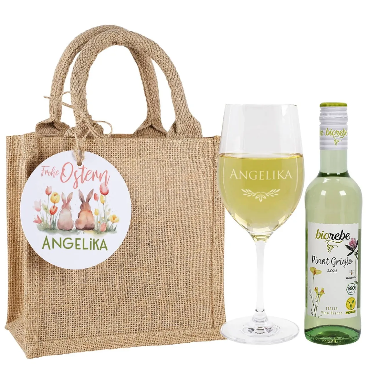 Ostergeschenkset mit Biorebe Weiß- oder Rotwein und graviertem Glas
