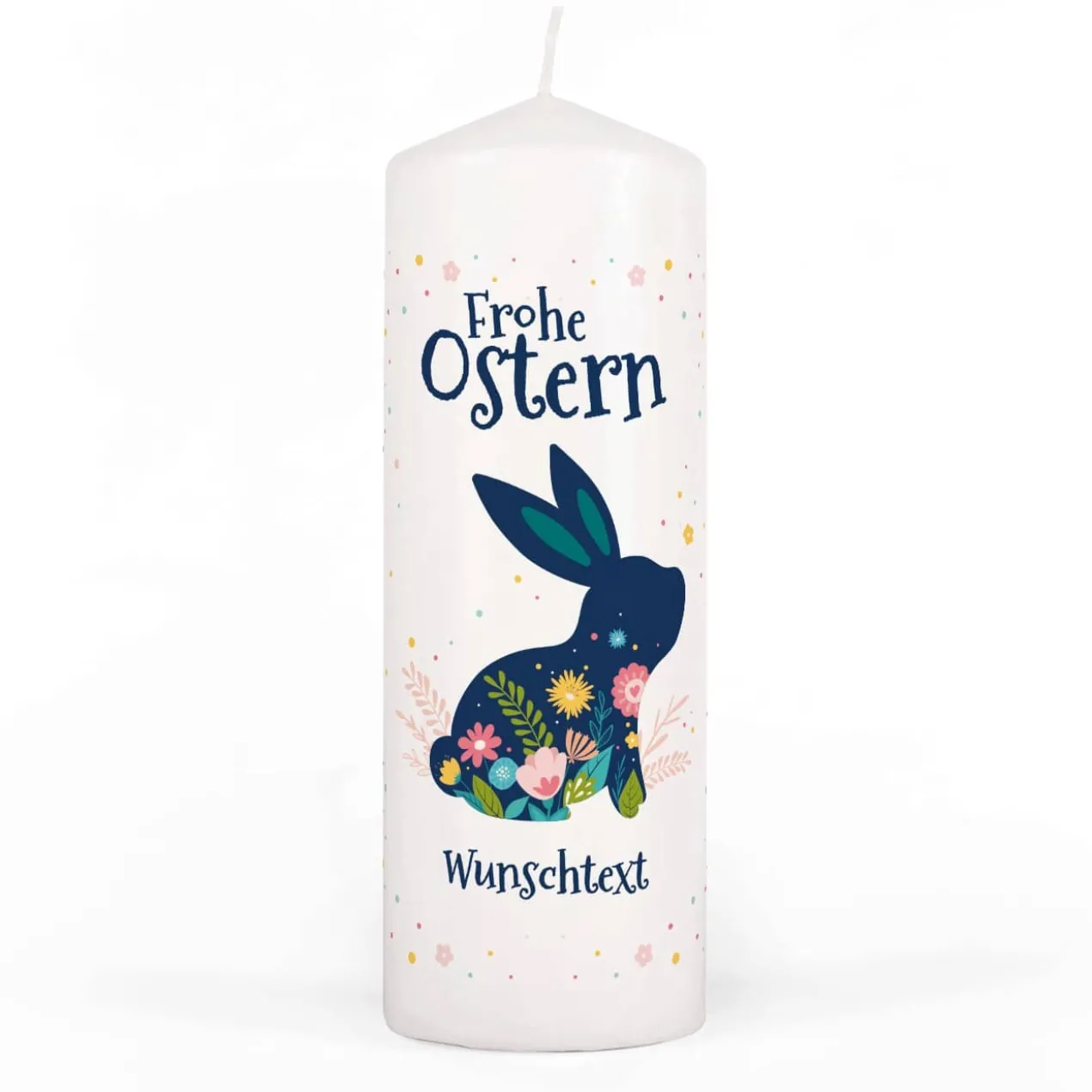 Osterkerze mit buntem Hasen, Blüten und Wunschtext