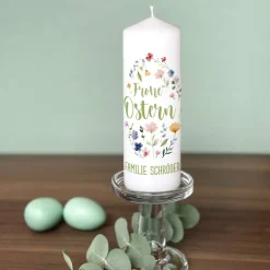 Osterkerze mit Frühlingsblumen & Wunschtext, 2 Größen auswählbar