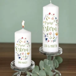 Osterkerze mit Frühlingsblumen & Wunschtext, 2 Größen auswählbar