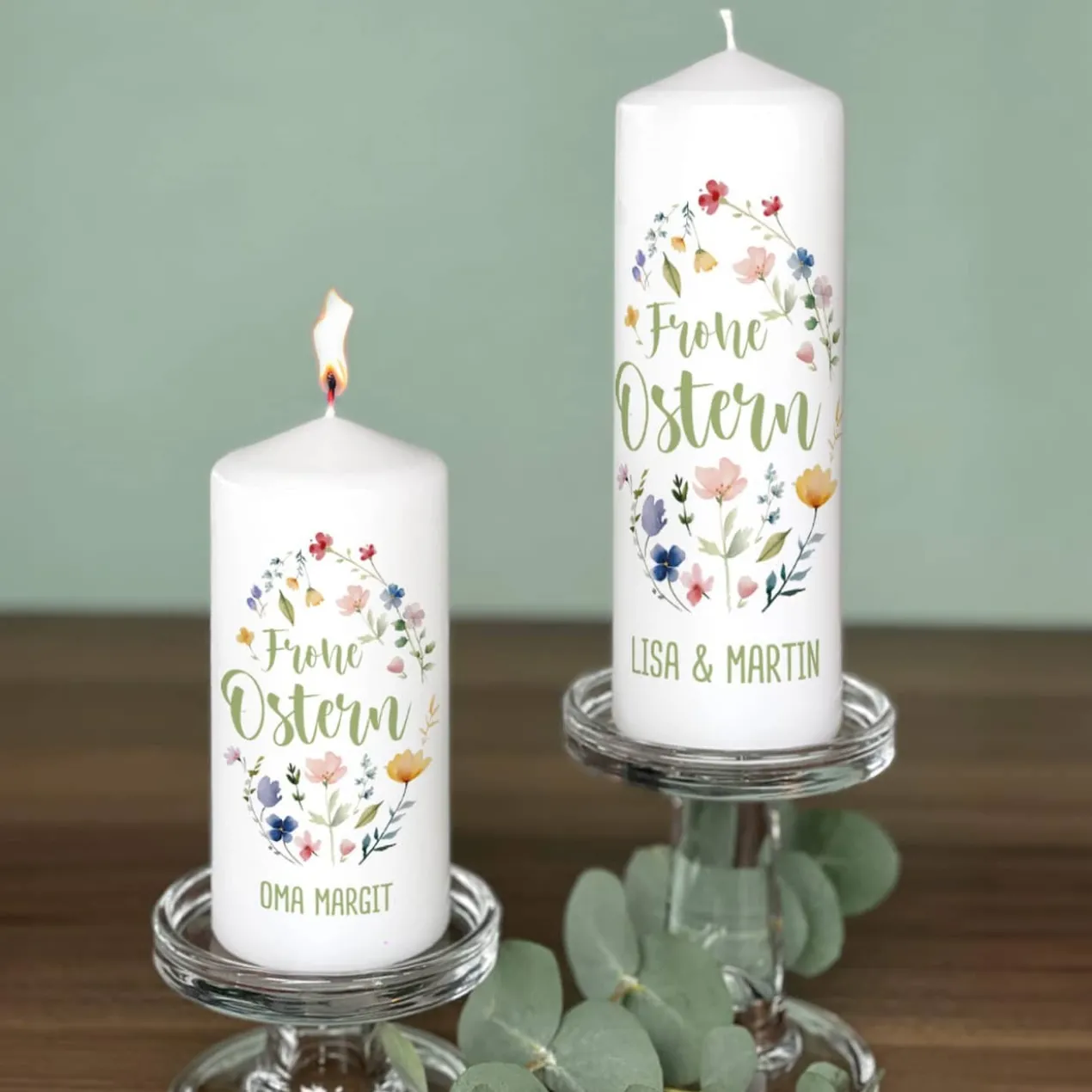 Osterkerze mit Frühlingsblumen & Wunschtext, 2 Größen auswählbar