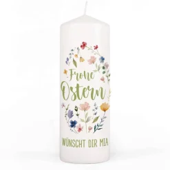 Osterkerze mit Frühlingsblumen & Wunschtext, 2 Größen auswählbar