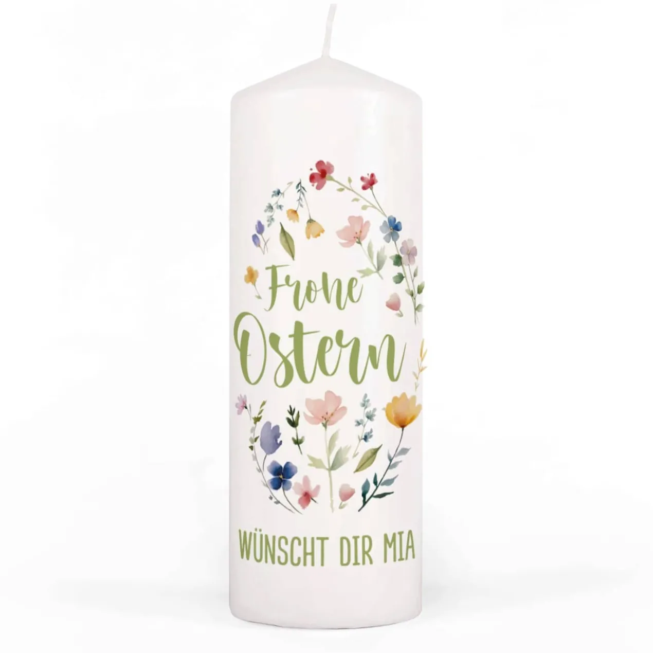 Osterkerze mit Frühlingsblumen & Wunschtext, 2 Größen auswählbar
