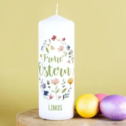 Osterkerze mit Frühlingsblumen & Wunschtext, 2 Größen auswählbar