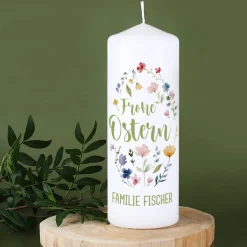 Osterkerze mit Frühlingsblumen & Wunschtext, 2 Größen auswählbar