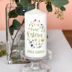 Osterkerze mit Frühlingsblumen & Wunschtext, 2 Größen auswählbar