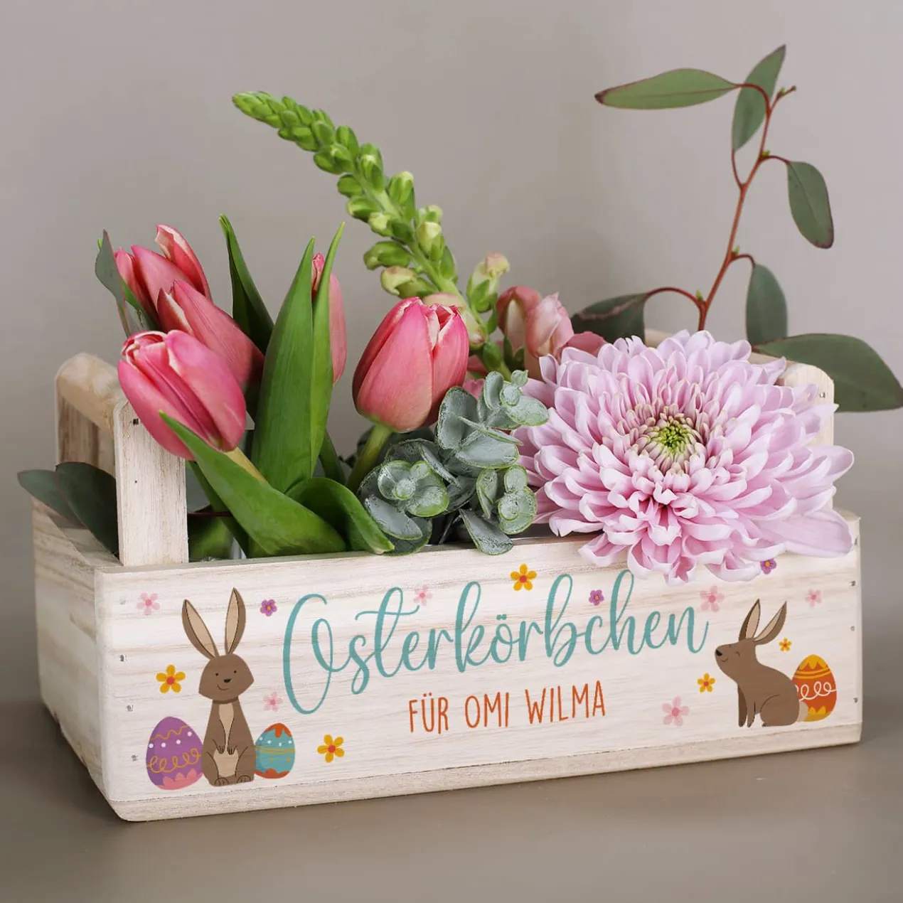 Osterkörbchen - Geschenkkorb aus Holz mit Ihrem Wunschtext in 3 Varianten