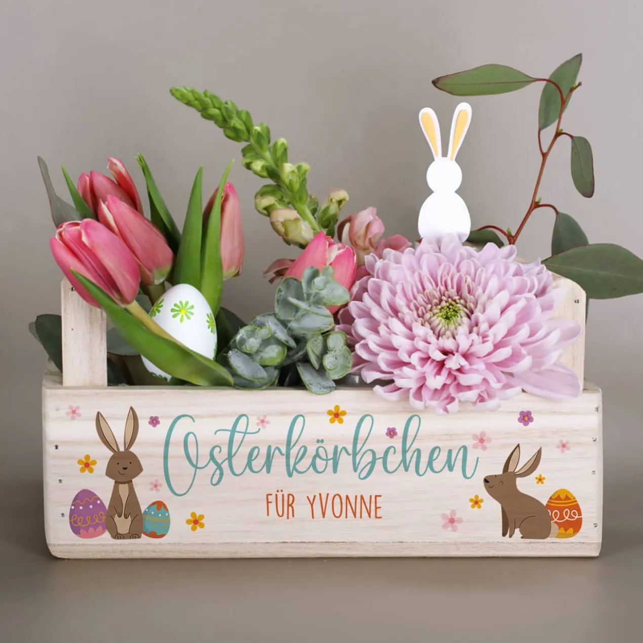 Osterkörbchen - Geschenkkorb aus Holz mit Ihrem Wunschtext in 3 Varianten