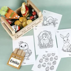 Osternest für Kinder mit Ausmalbildern, Buntstiften und Schokolade
