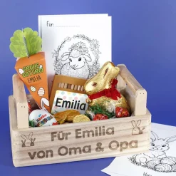 Osternest für Kinder mit Ausmalbildern, Buntstiften und Schokolade