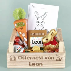 Osternest für Kinder mit Ausmalbildern, Buntstiften und Schokolade