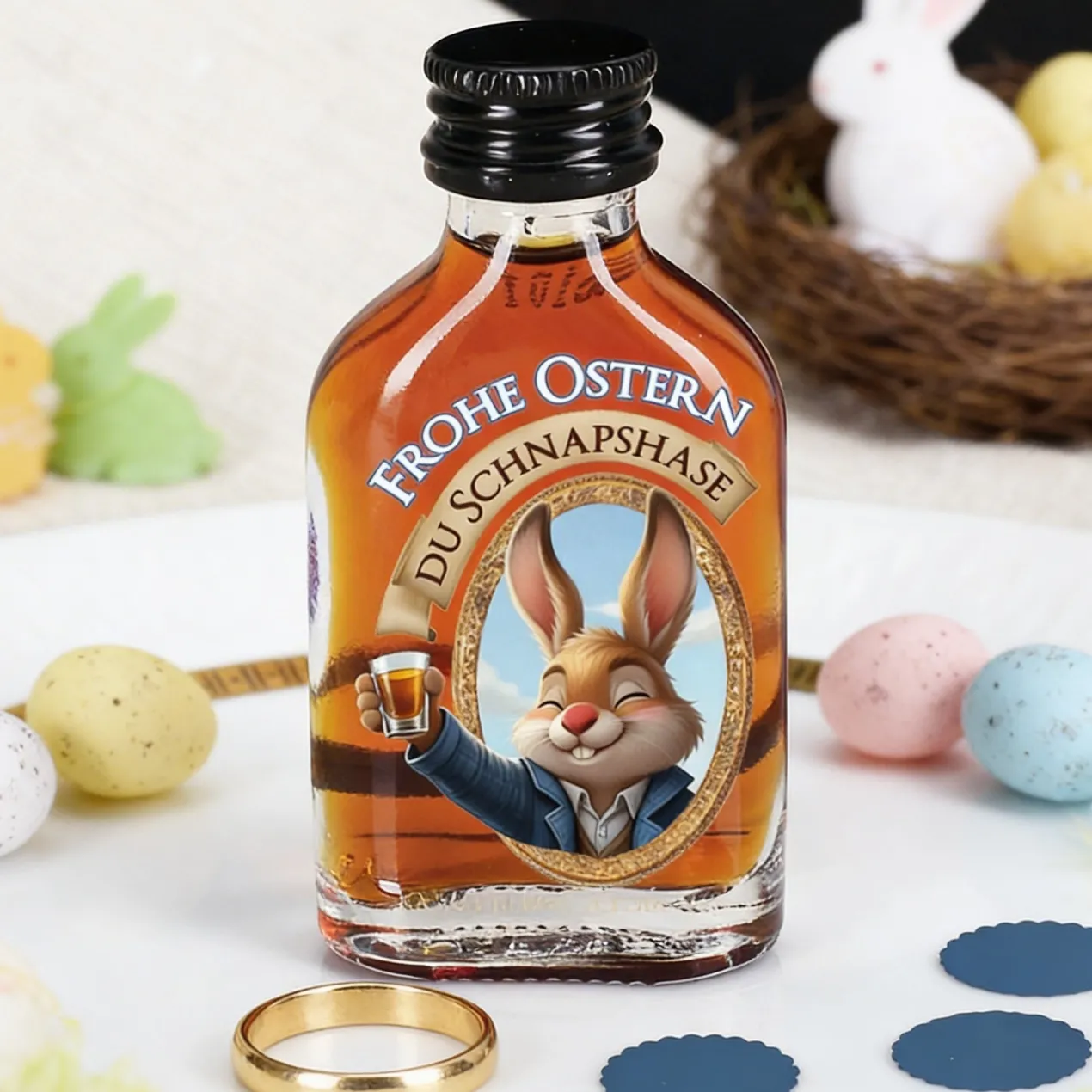 Osterschnaps 'Du Schnapshase' | Mini Likörflasche mit Hasenmotiv | Fruchtlikör oder Kräuterlikör